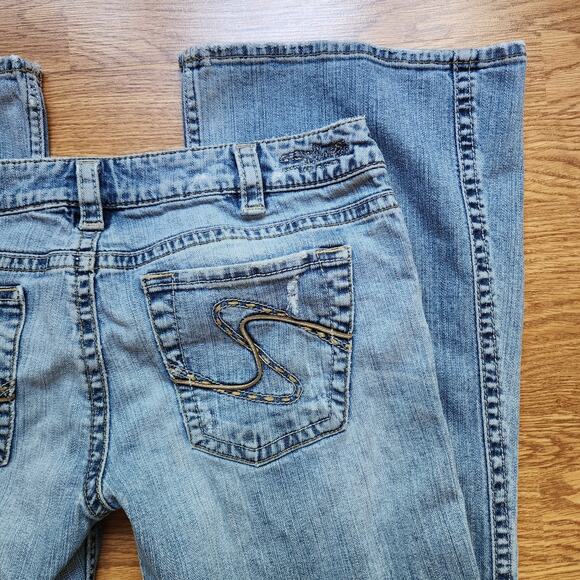 Silver Jeans Womens Size 31x33 Frances Distressed Patched Light Blue Low Rise - Picture 7 of 12